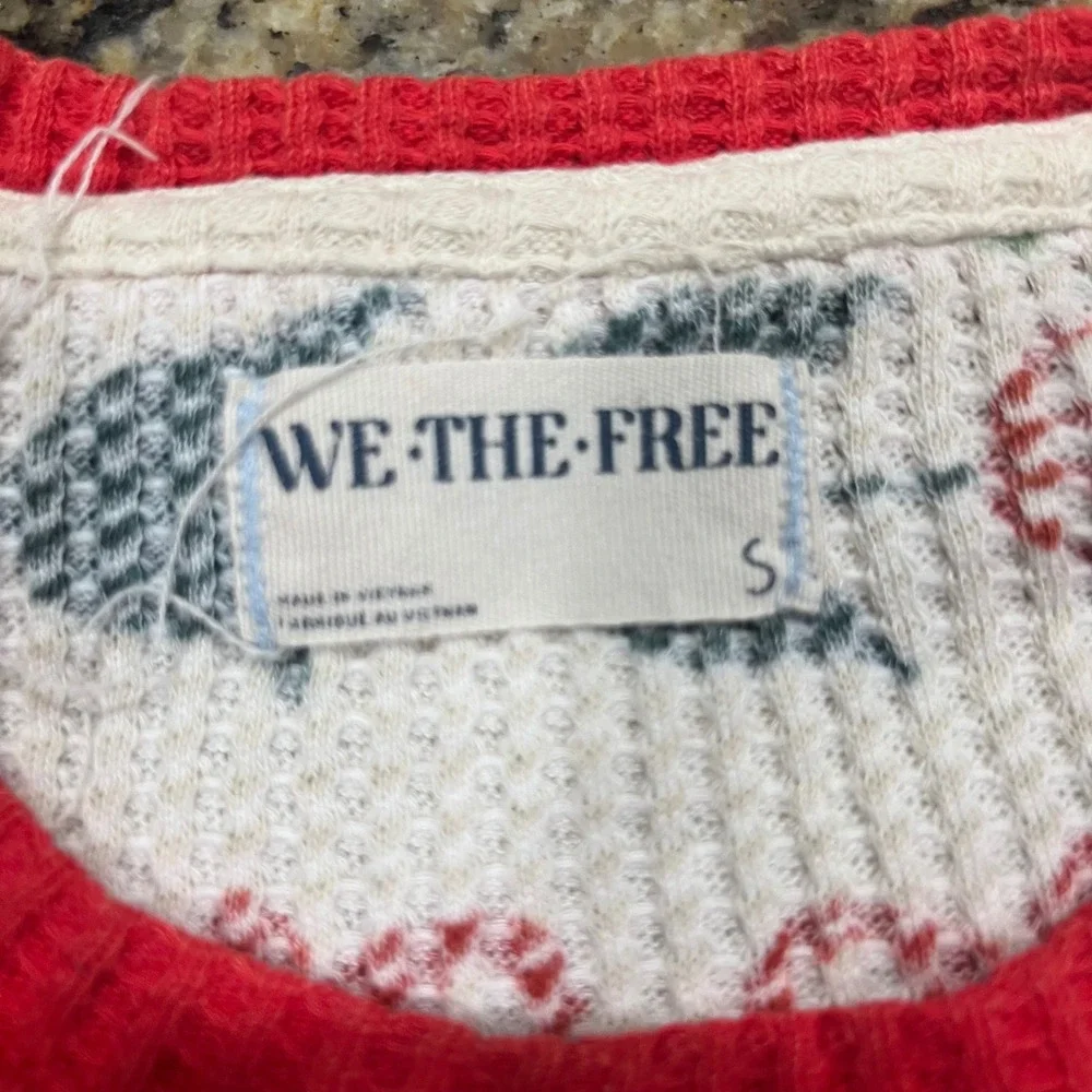 We The Free Free People Floral Corn Waffle Knit Thermal Top Red Cream Small